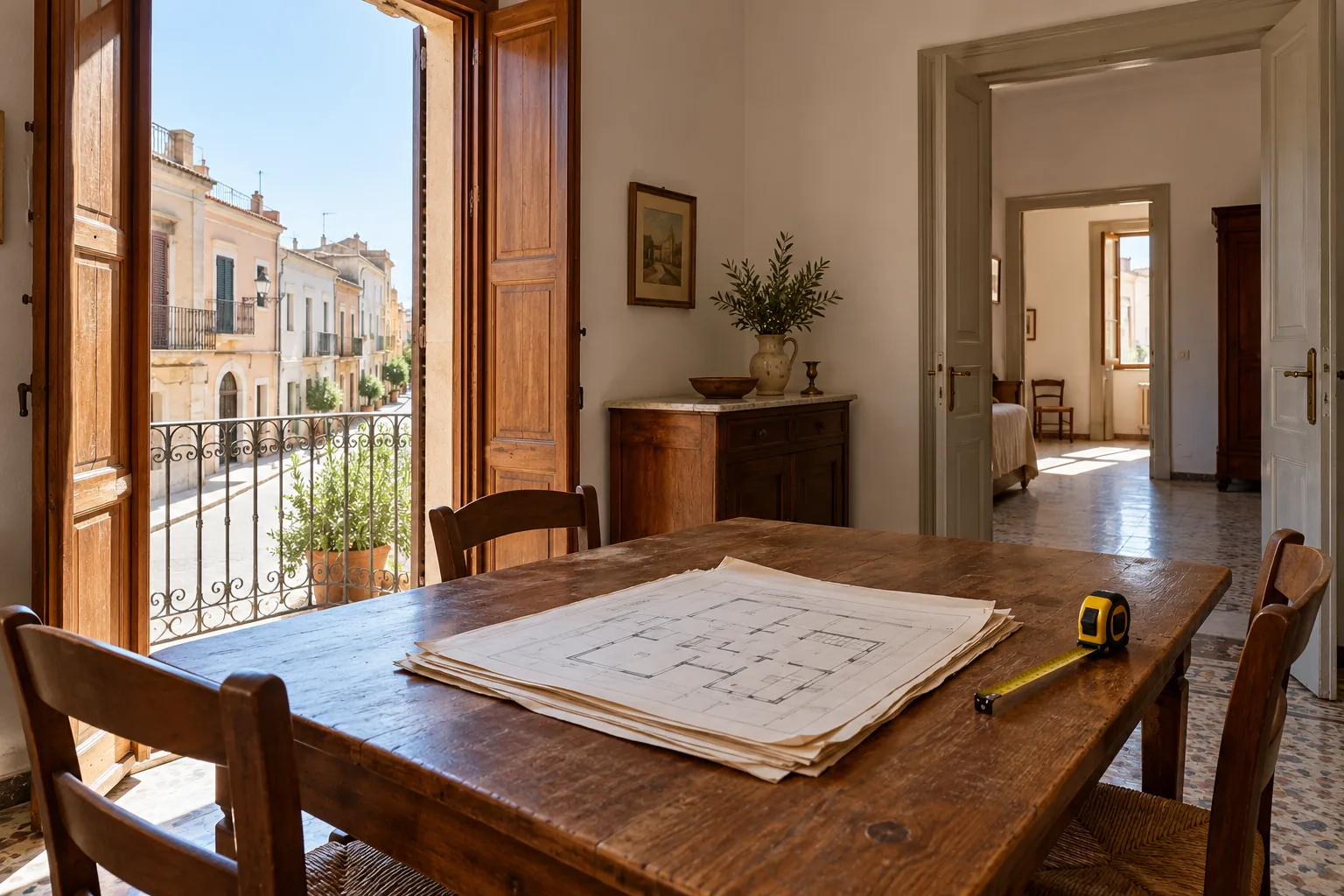 Interno di una casa familiare con planimetrie sul tavolo e stanze accessibili