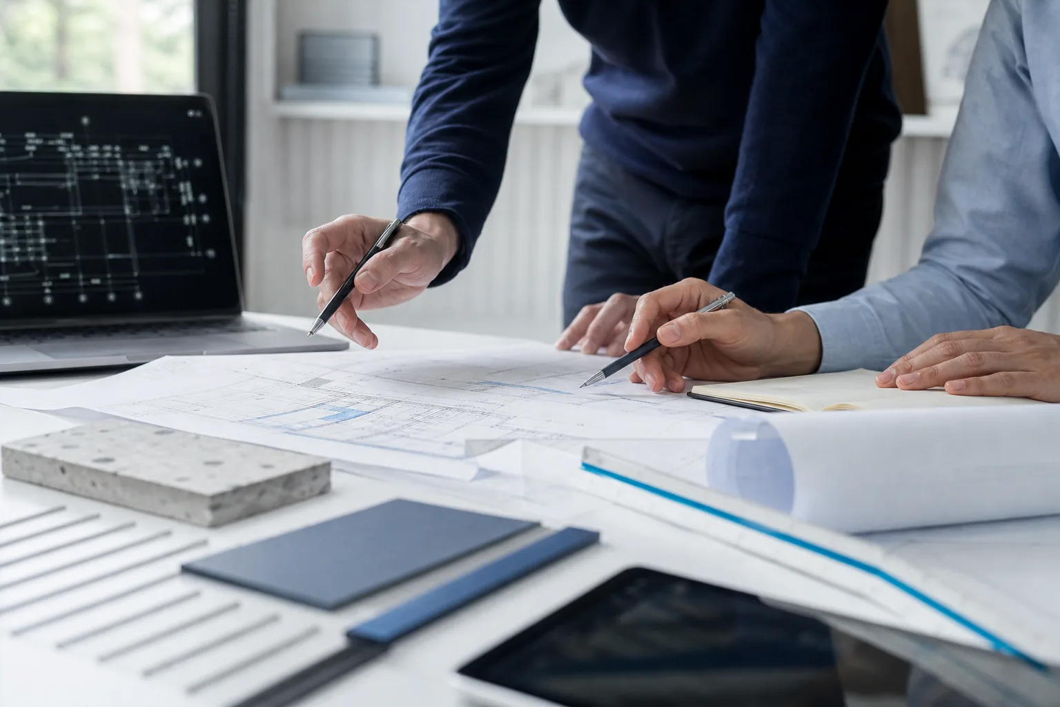 Elaborati tecnici e strumenti di progettazione su un tavolo di lavoro