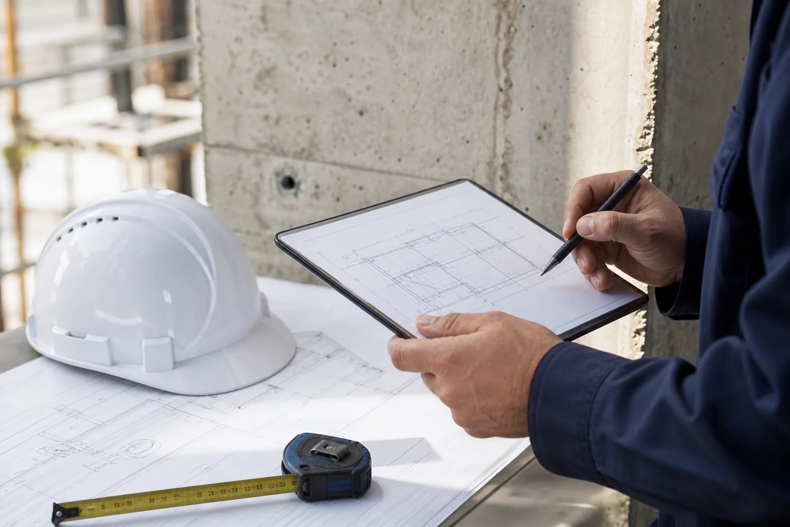 Controllo tecnico in cantiere con elaborati, tablet e casco